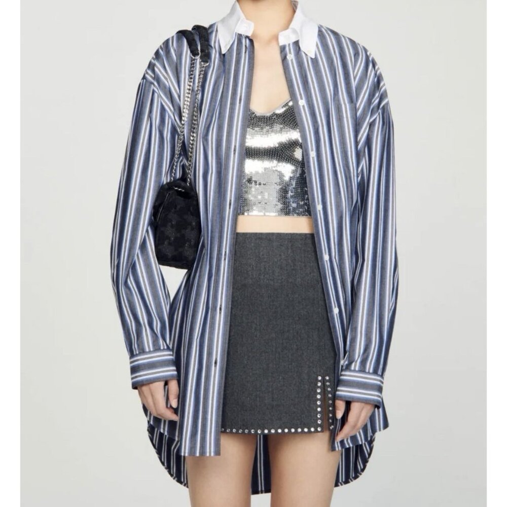 Sandro Oversized Striped Button Down Shirt Blue Grey Size S $340 - Picture 11 of 13